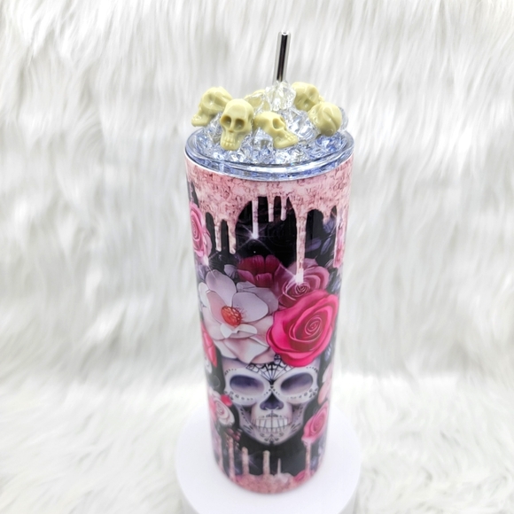 Pink gothic skulls skinny tumbler drinking cup 20 Oz. with ice topper. - Picture 1 of 5